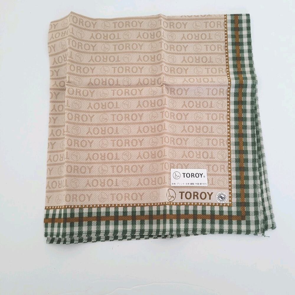 Toroy Vintage Cotton‎ Handkerchief Pocket Square Designer Tan Green 18" Pipe